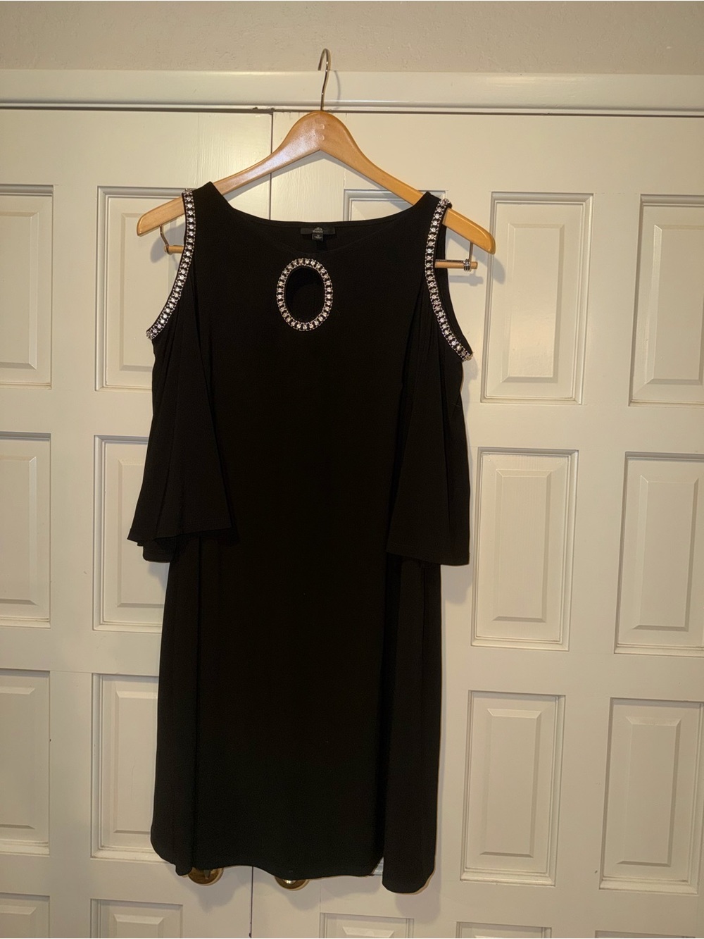 J.B.S. Black Cold-Shoulder Midi Dress with Rhinestone Trim